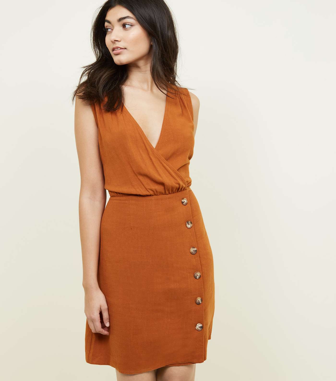 Rust Linen-Look Button Front Wrap Dress