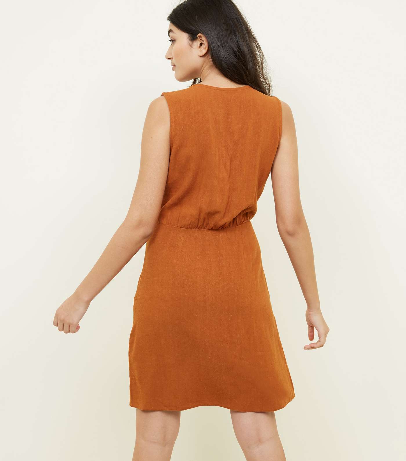 Rust Linen-Look Button Front Wrap Dress Image 3