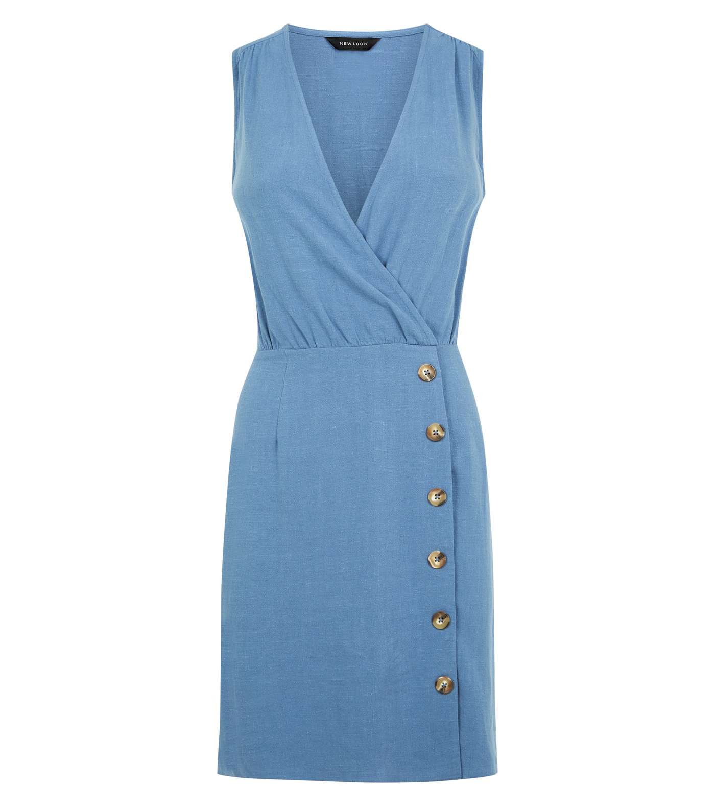 Blue Linen-Look Button Front Wrap Dress Image 4