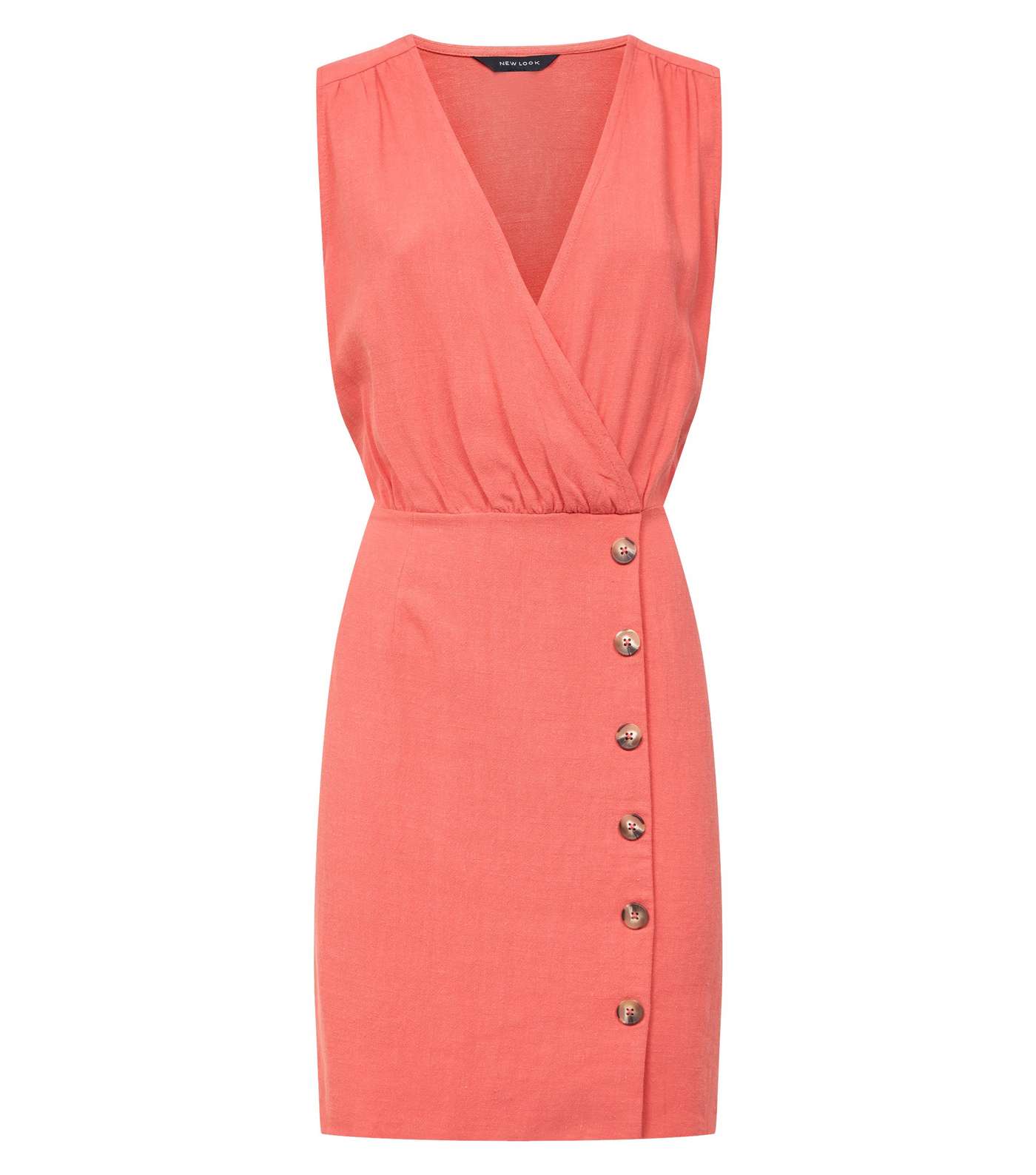 Coral Linen-Look Button Front Wrap Dress Image 4