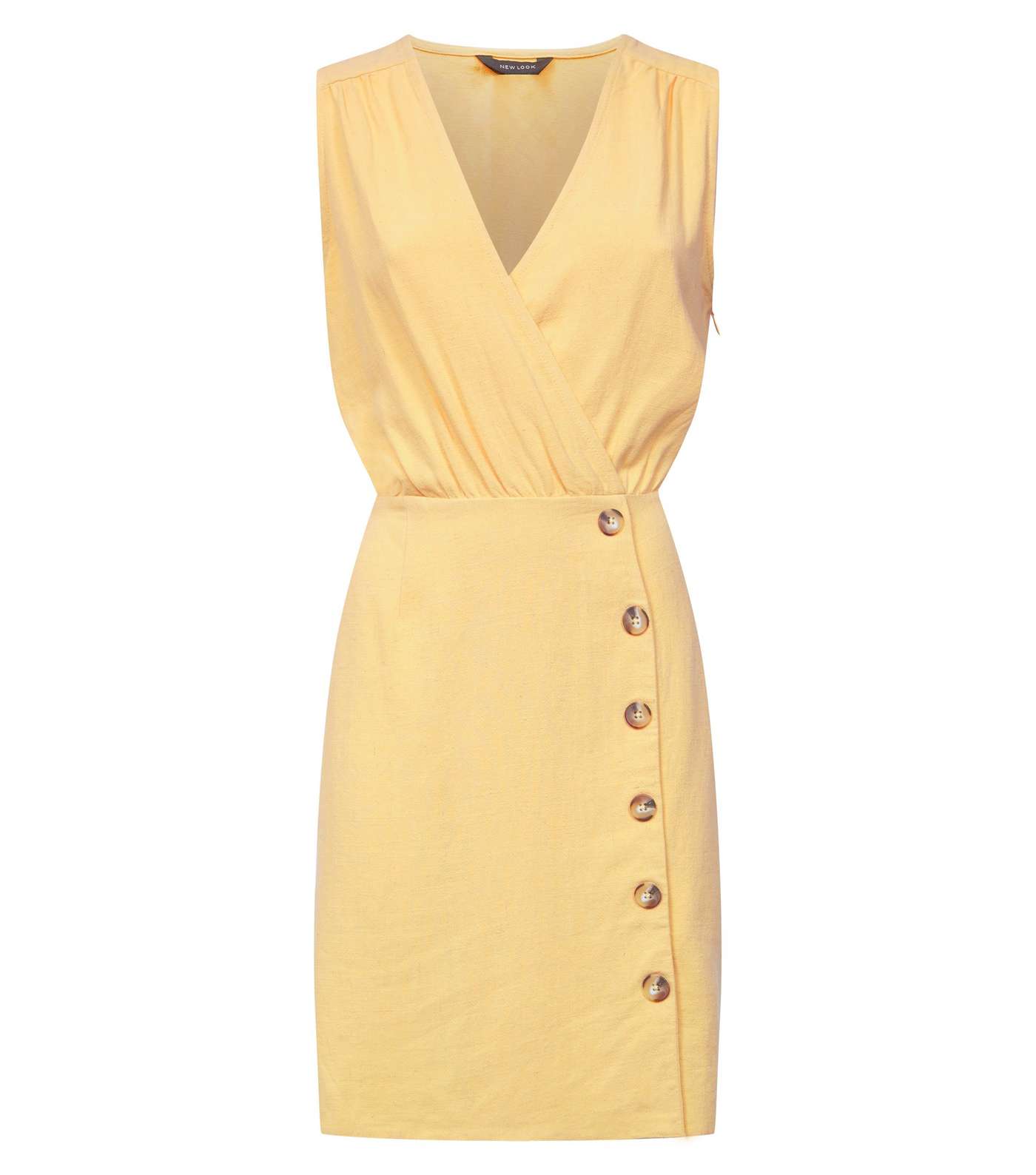 Yellow Linen-Look Button Front Wrap Dress Image 4