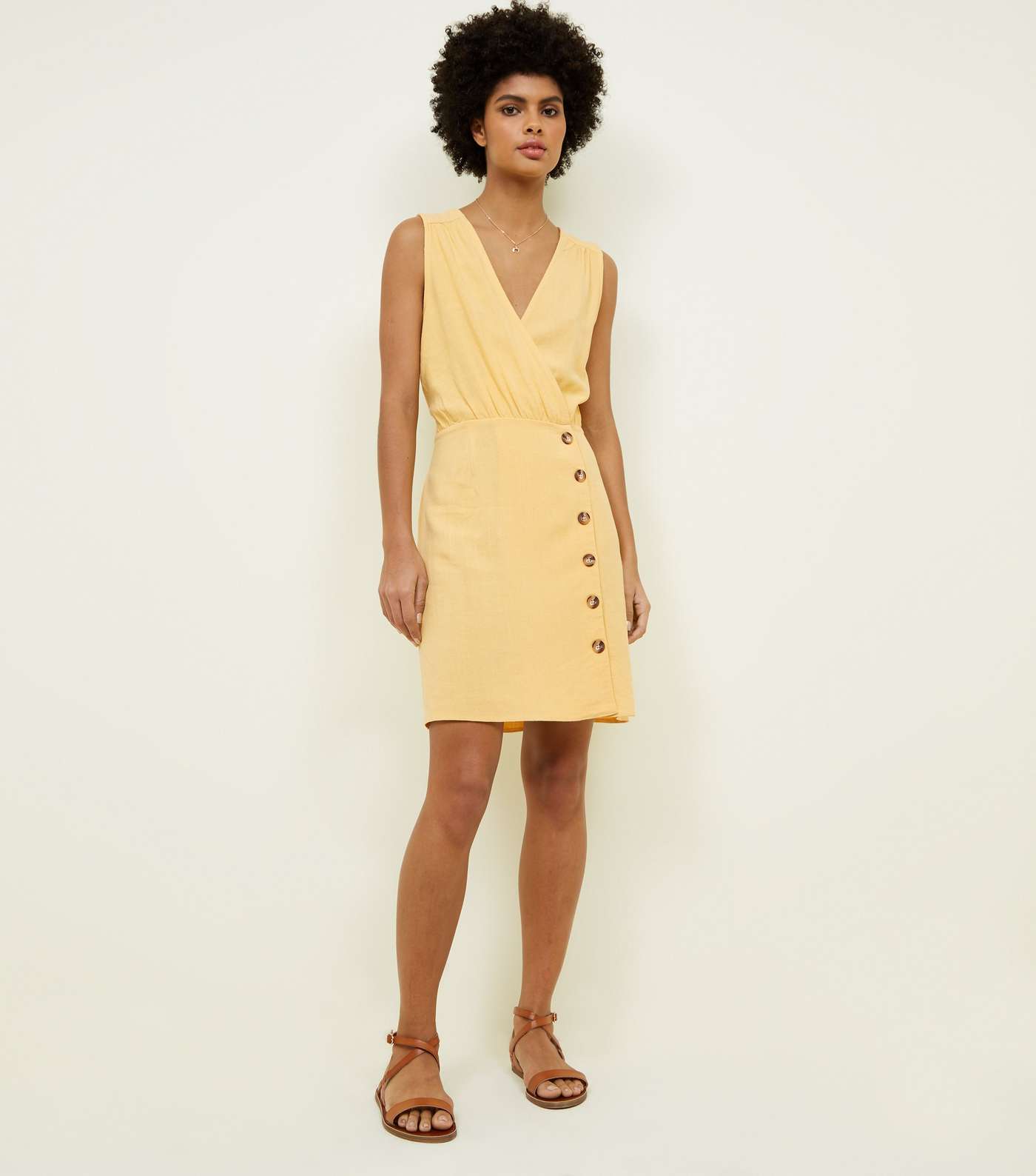 Yellow Linen-Look Button Front Wrap Dress Image 2