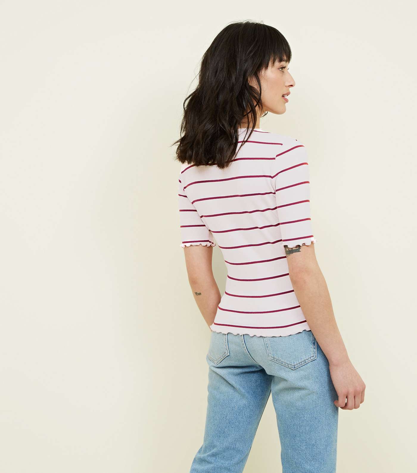 Pink Stripe Frill Edge T-Shirt  Image 3