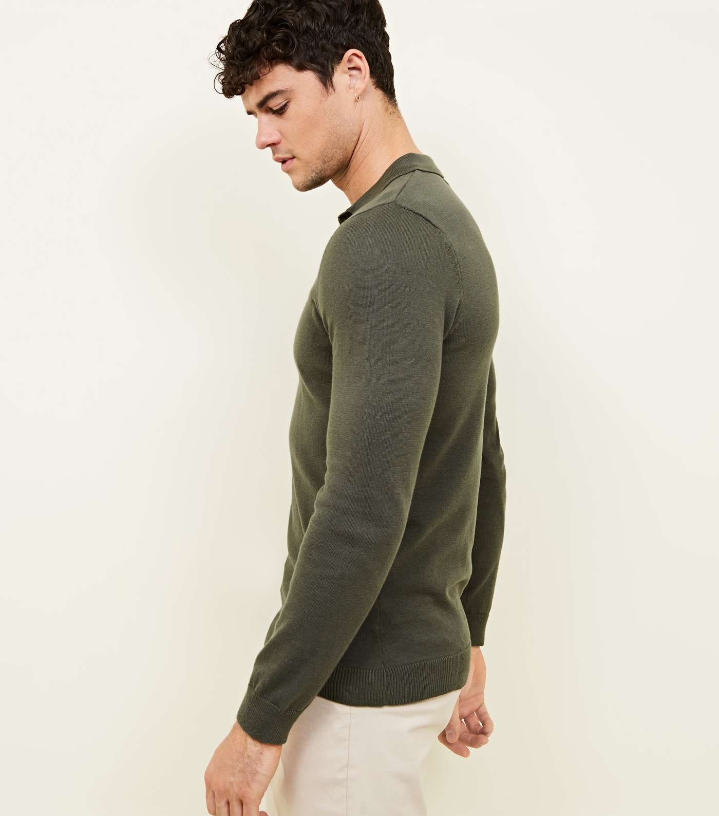 Khaki Long Sleeve Muscle Fit Knit Polo Shirt Image 5
