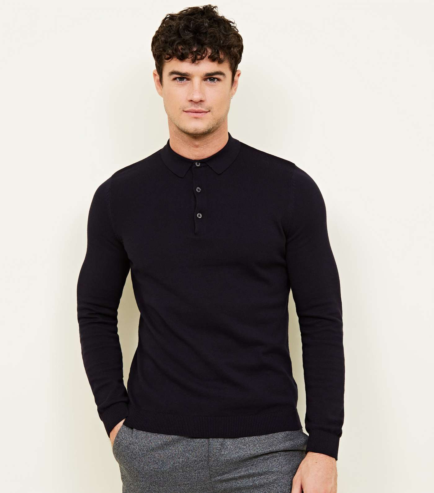 Navy Muscle Fit Long Sleeve Knit Polo Shirt