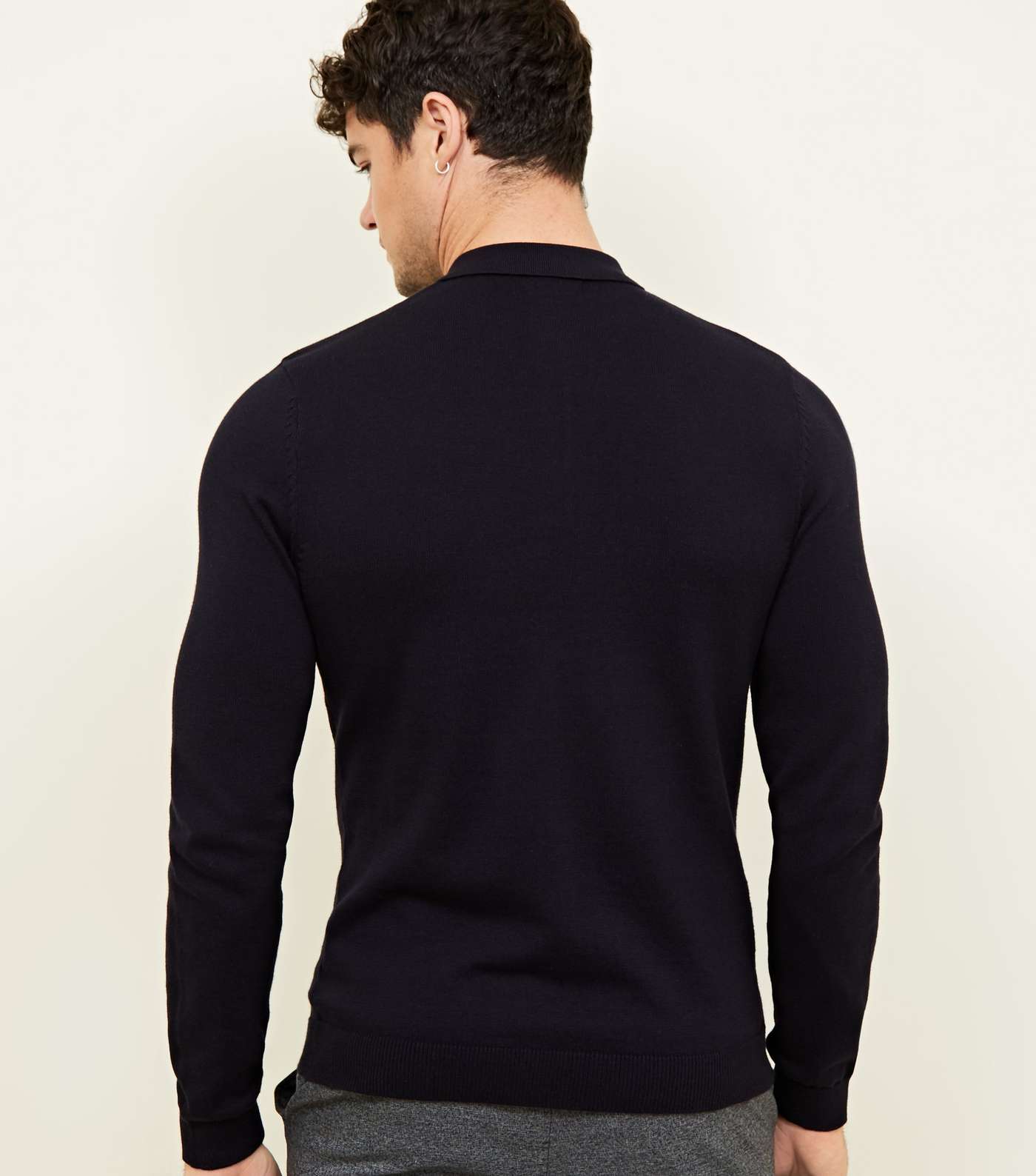 Navy Muscle Fit Long Sleeve Knit Polo Shirt Image 3