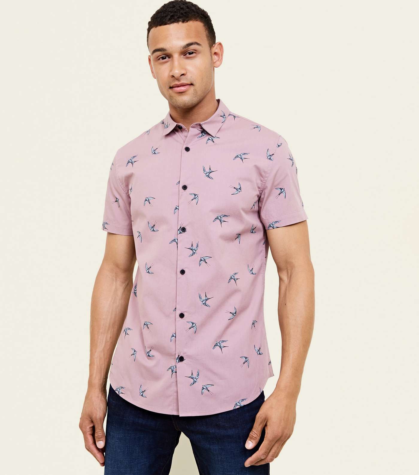 Pink Bird Print Short Sleeve Shirt