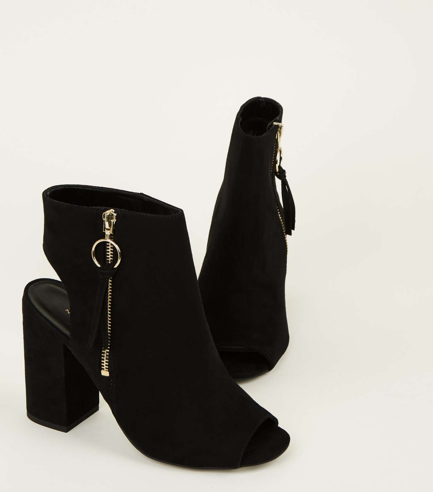 Black Suedette Ring Zip Peep Toe Block Heels Image 4