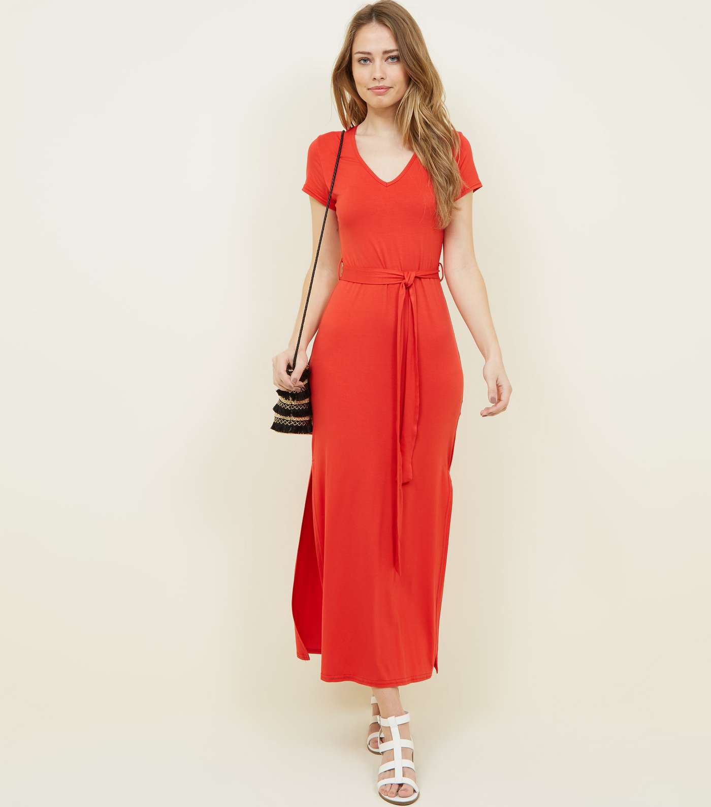 Red V-Neck Jersey Maxi Dress