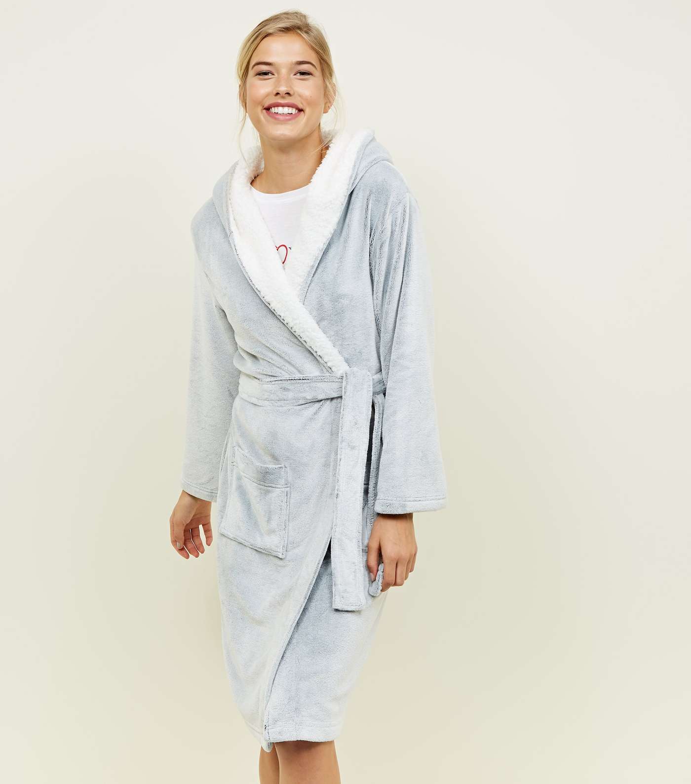 Pale Grey Hooded Borg Trim Dressing Gown 