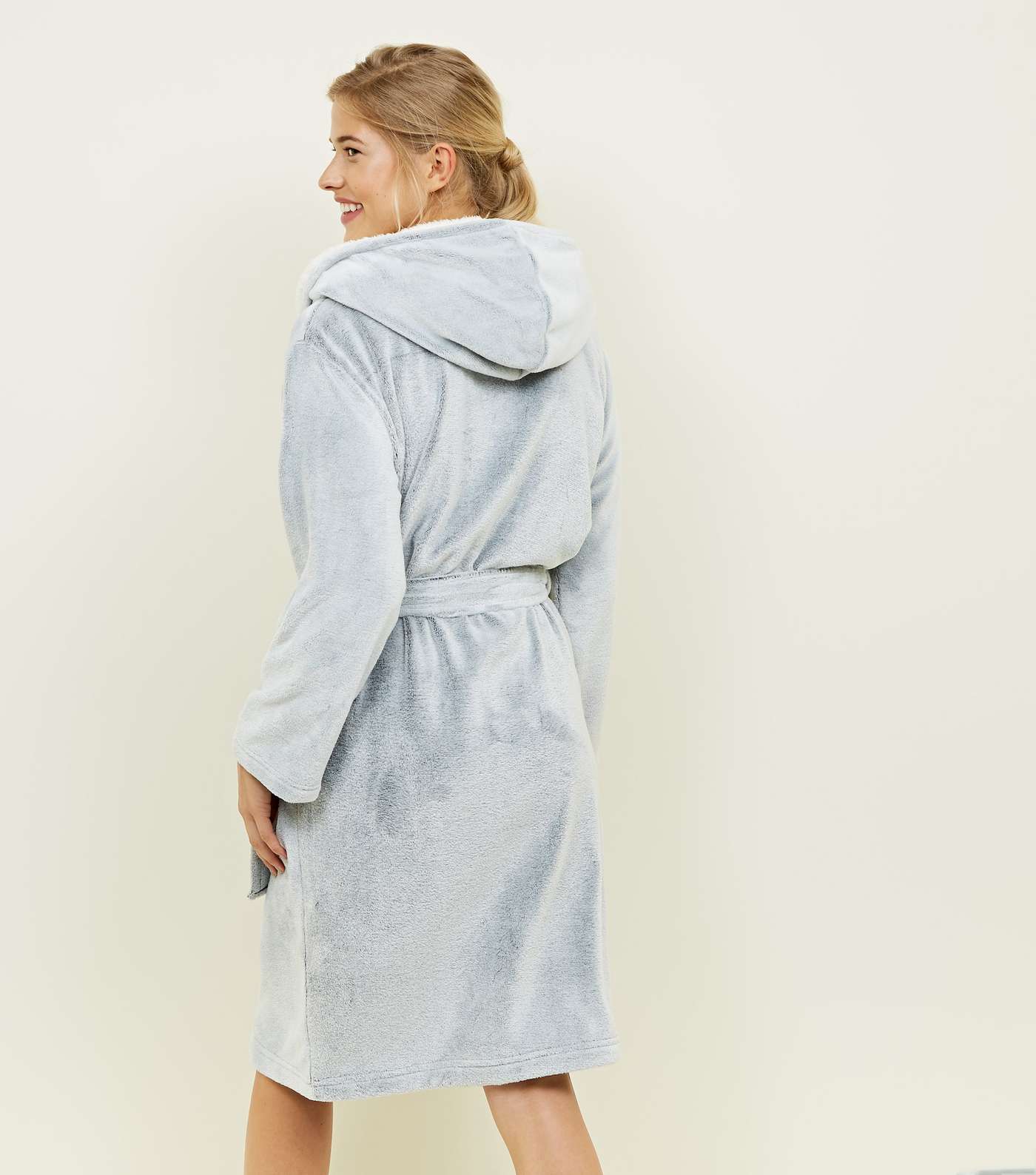Pale Grey Hooded Borg Trim Dressing Gown  Image 3