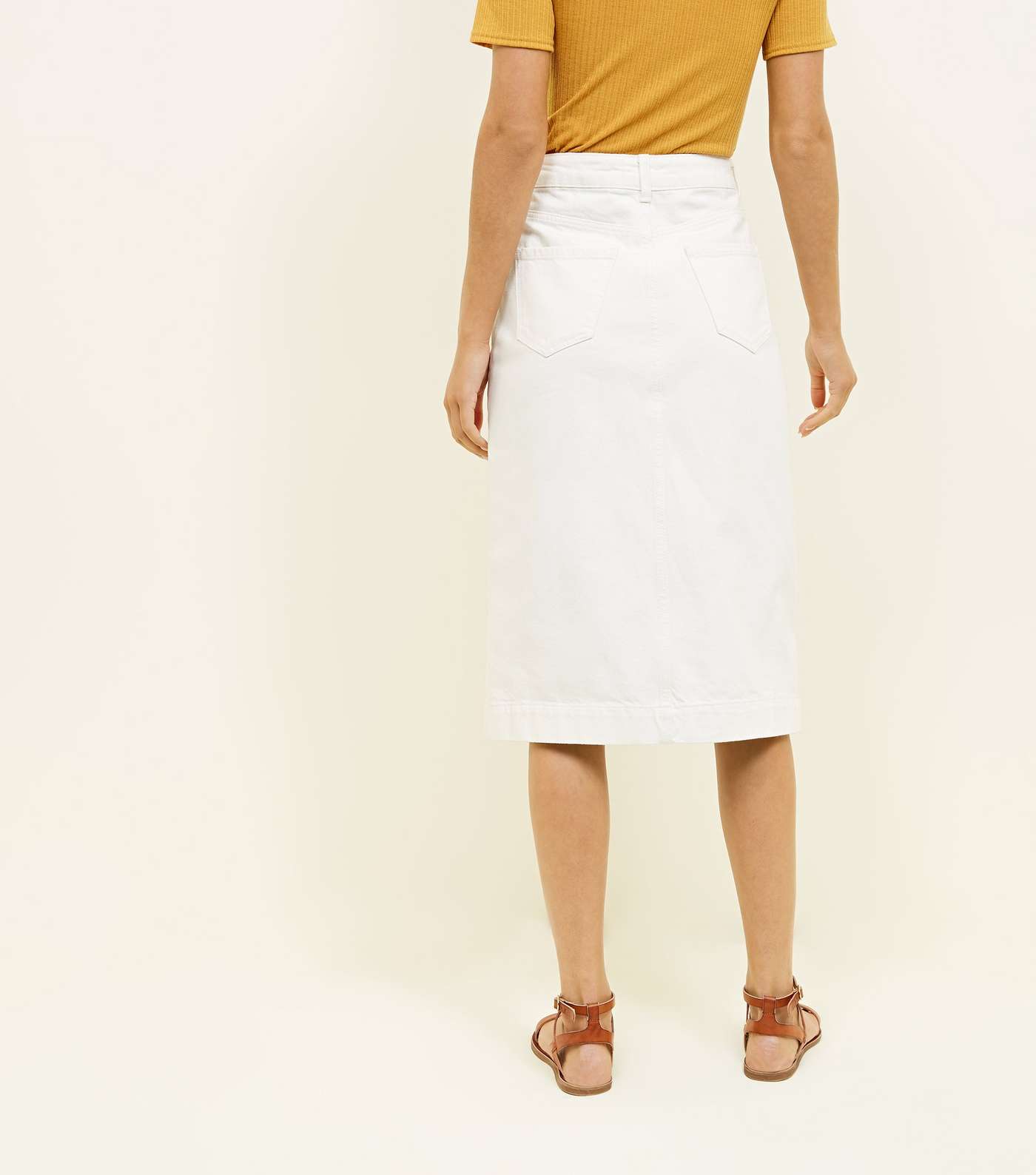 Off White Button Up Denim Midi Skirt Image 3