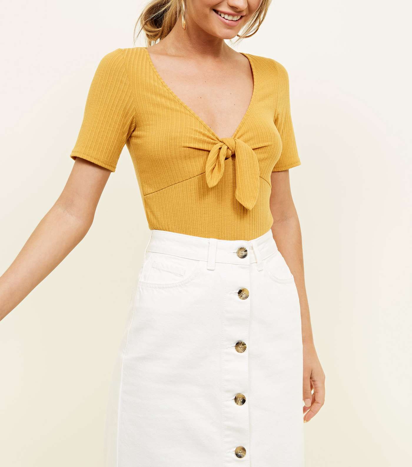 Off White Button Up Denim Midi Skirt Image 5