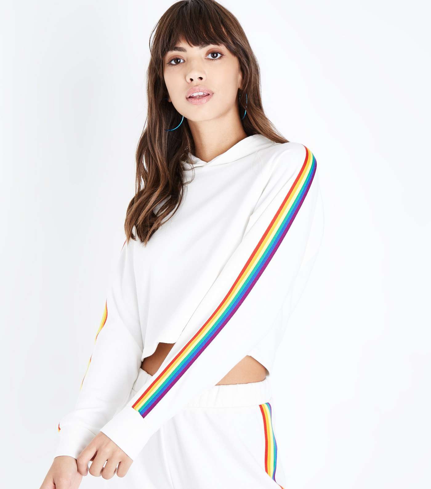 Cream Rainbow Stripe Sleeve Hoodie