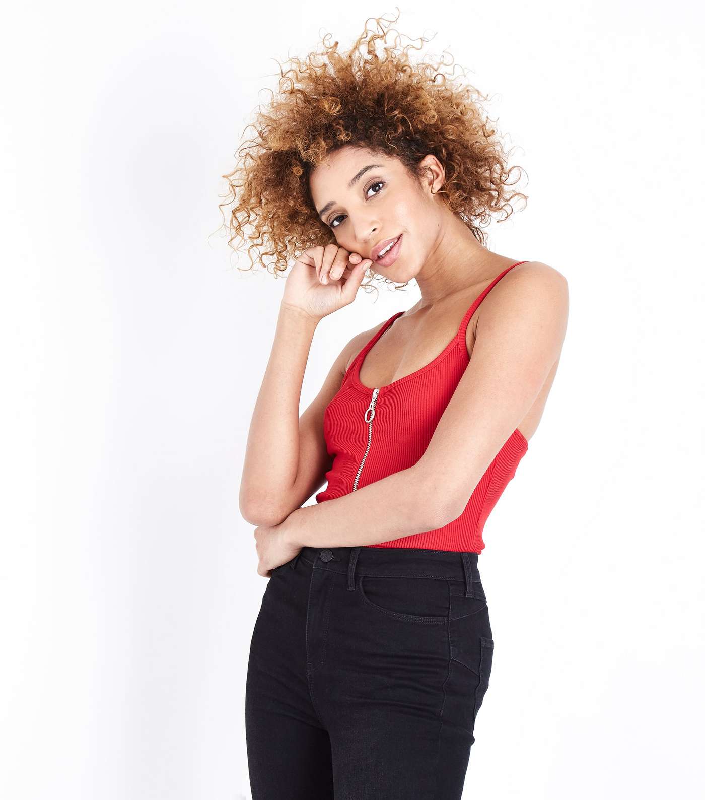 Red Ribbed Zip Front Bodysuit