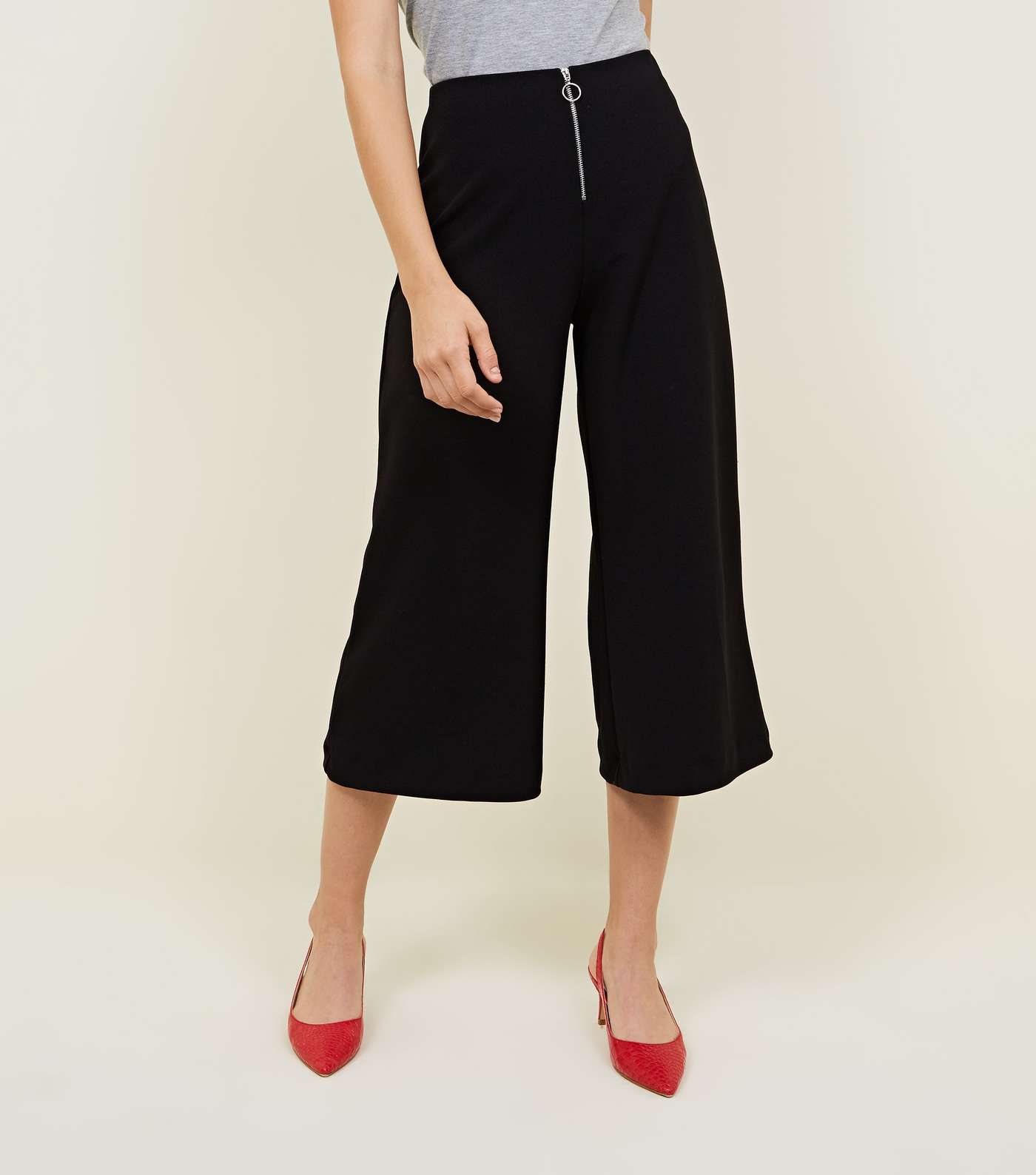 Black Ring Pull Zip Front Crepe Culottes Image 2