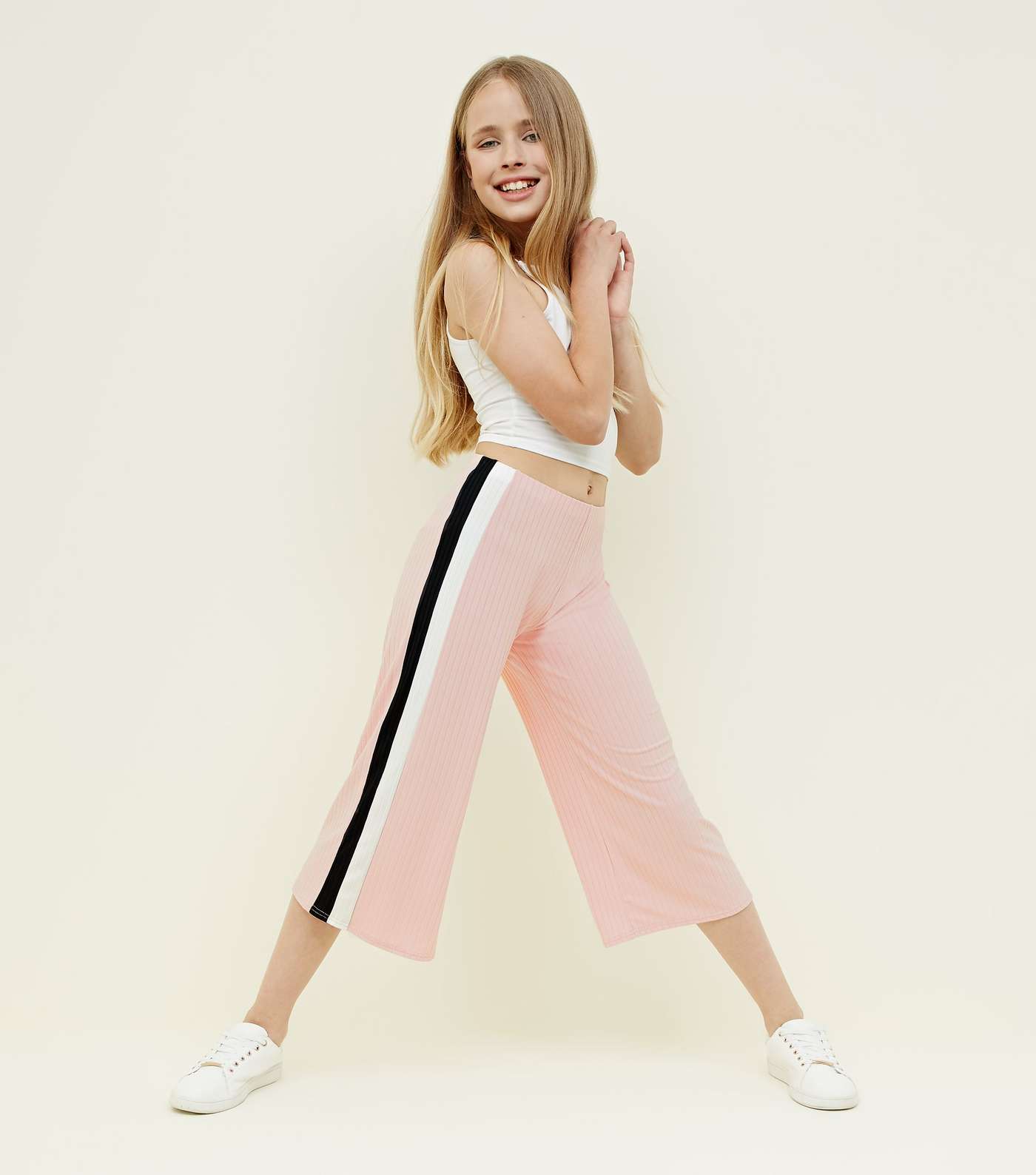 Girls Pale Pink Side Stripe Ribbed Culottes