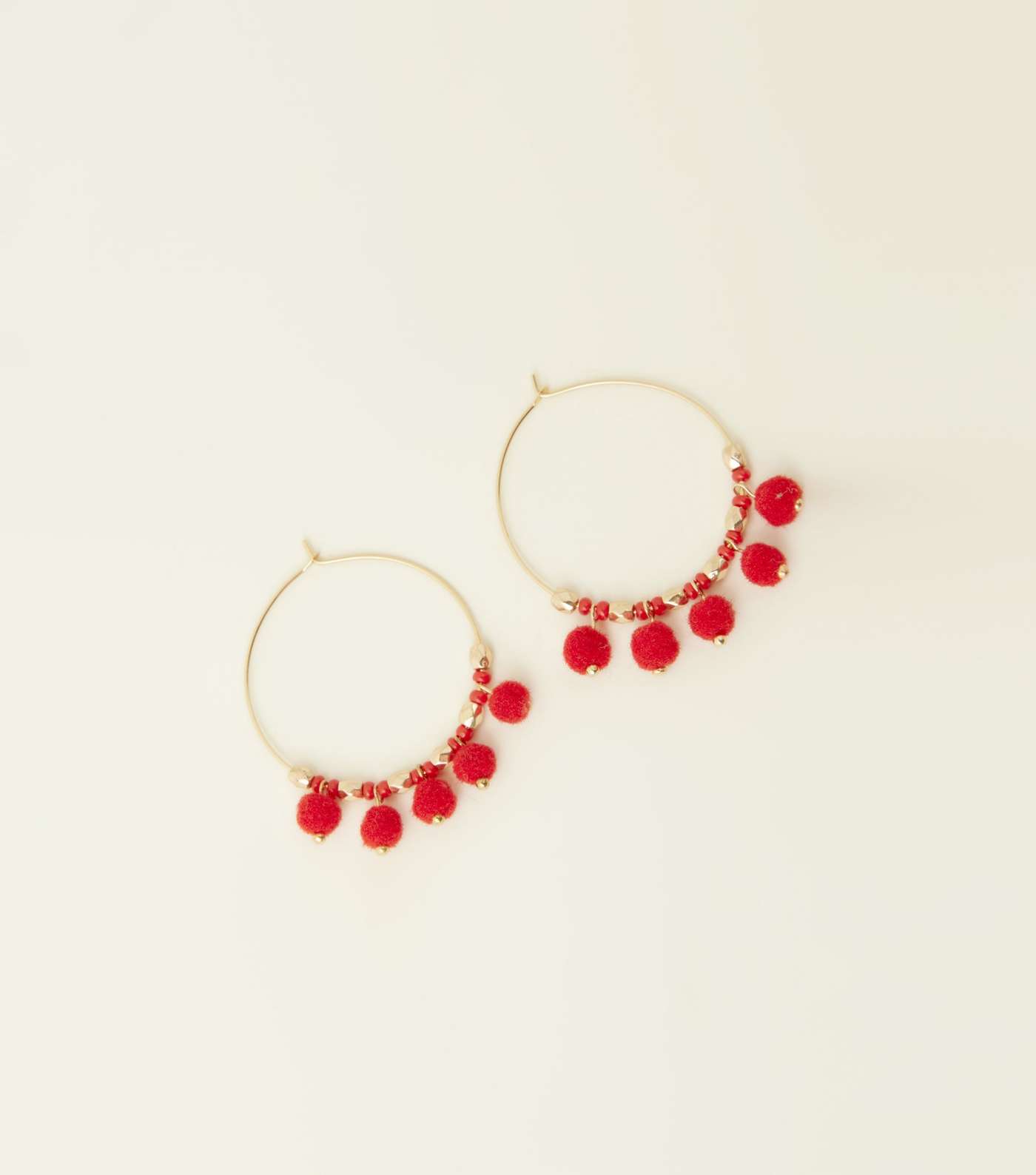 Red Pom Pom Hoop Earrings