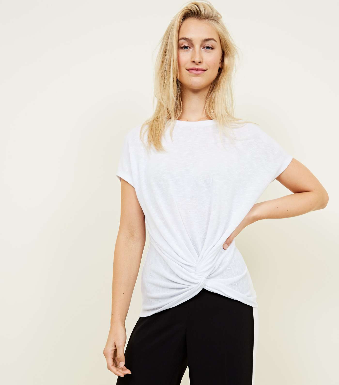 White Twist Front Fine Knit T-Shirt