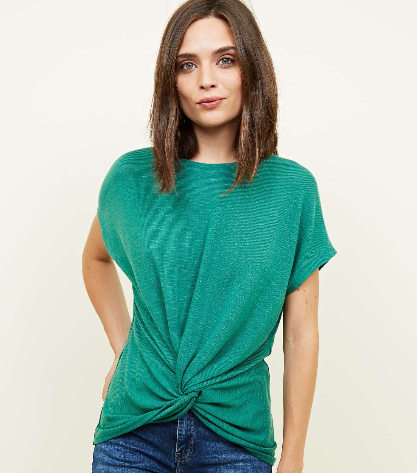 Green Twist Front Fine Knit T-Shirt