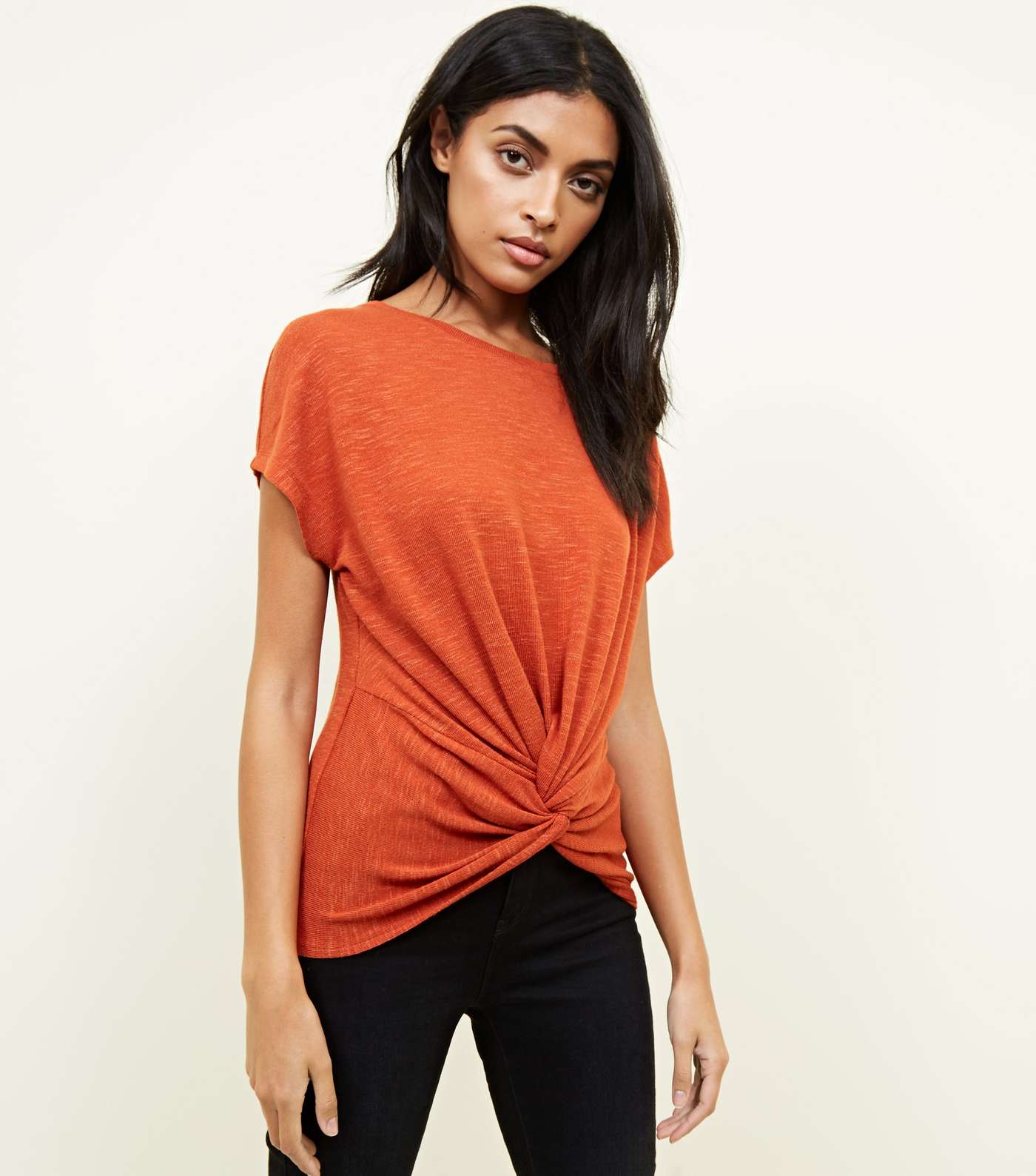Orange Twist Front Fine Knit T-Shirt