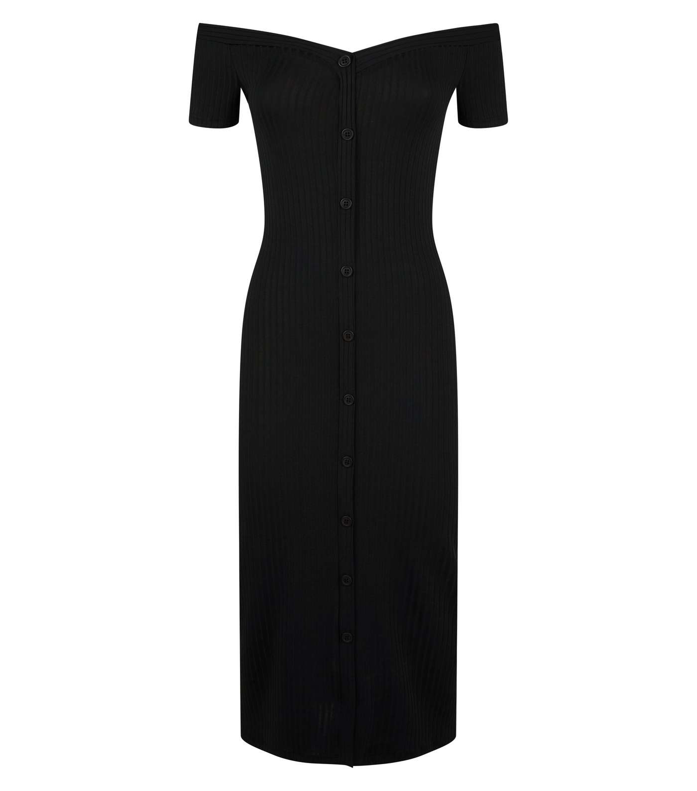 Black Ribbed Button Through Bardot Neck Dress Image 3