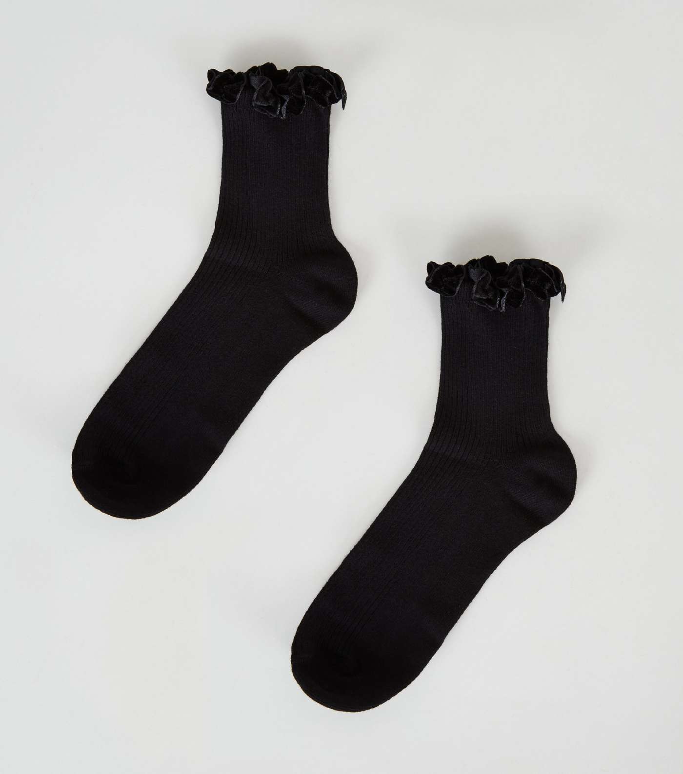 Black Velvet Frill Trim Ribbed Socks