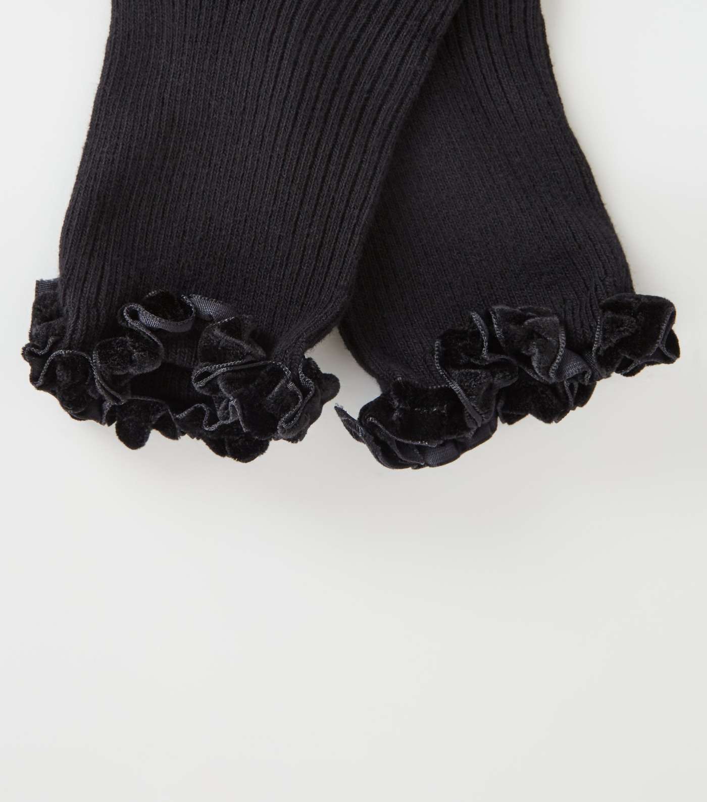 Black Velvet Frill Trim Ribbed Socks Image 3