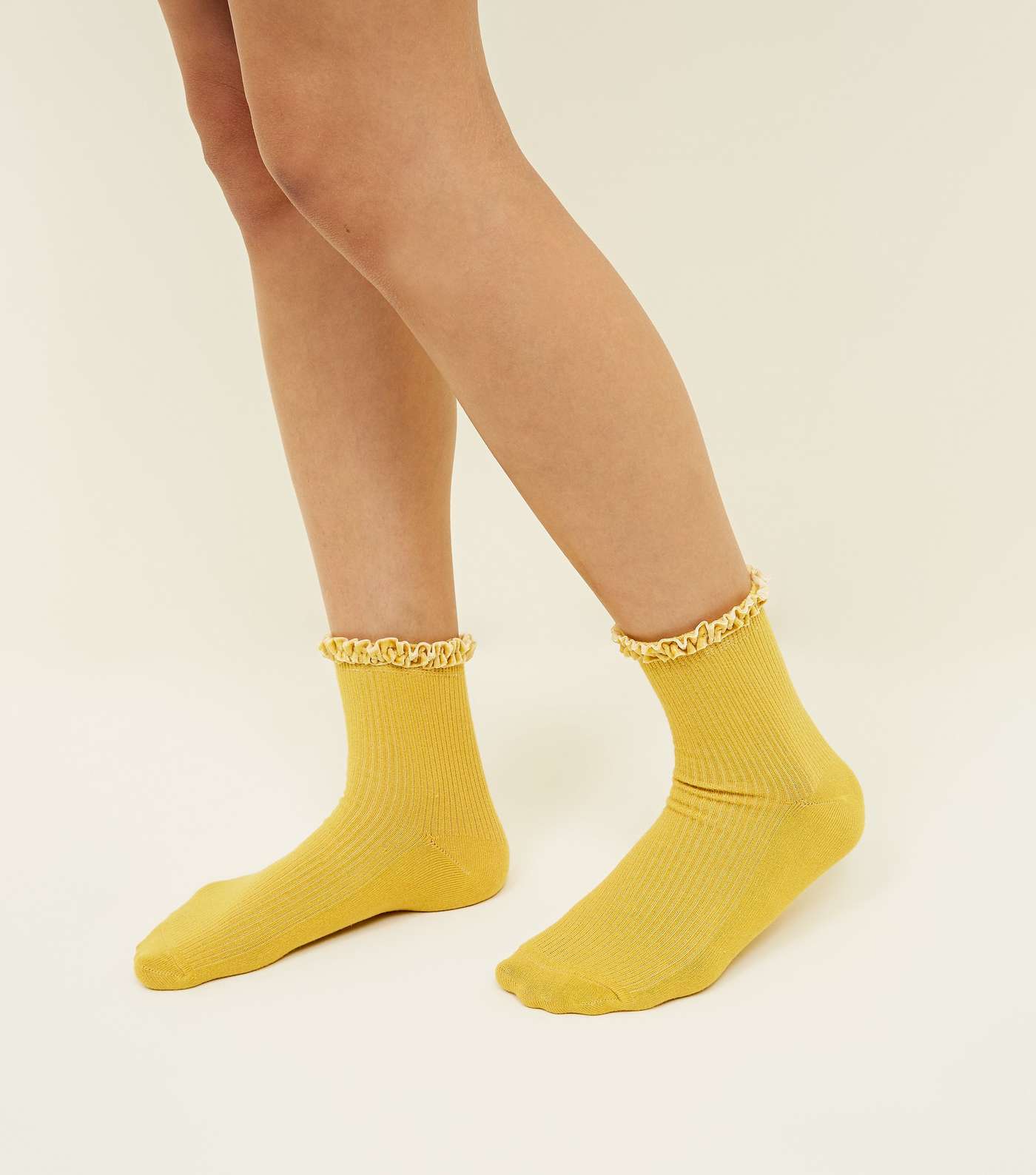 Mustard Velvet Frill Trim Ribbed Socks Image 2