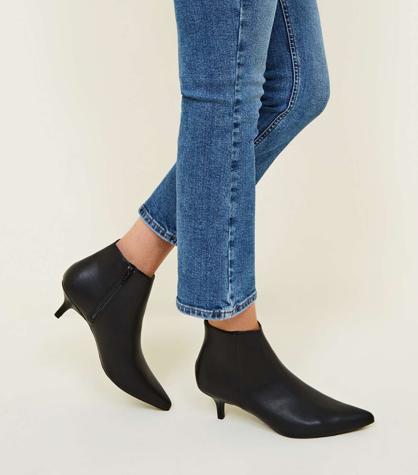 Black Leather-Look Kitten Heel Ankle Boots Image 2