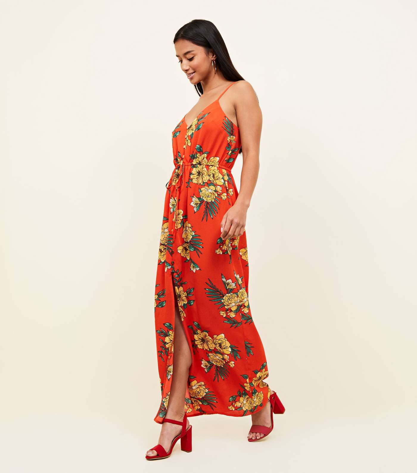 Petite Red Floral Button Front Maxi Dress 