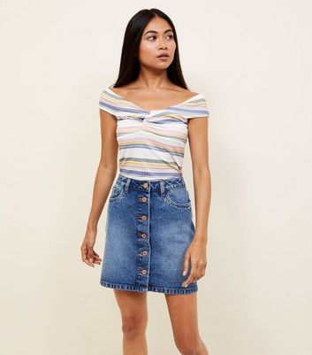 Womens Petite Clothing | Petite Size Clothes | New Look Petite Khaki Button Front Mini Swing Dress; Petite White Stripe Twist Front Bardot Top