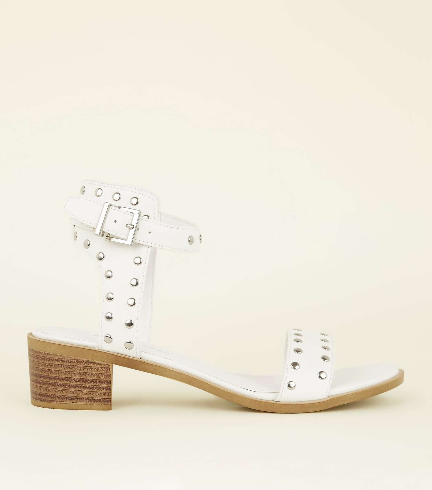 Wide Fit White Leather-Look Studded Sandals