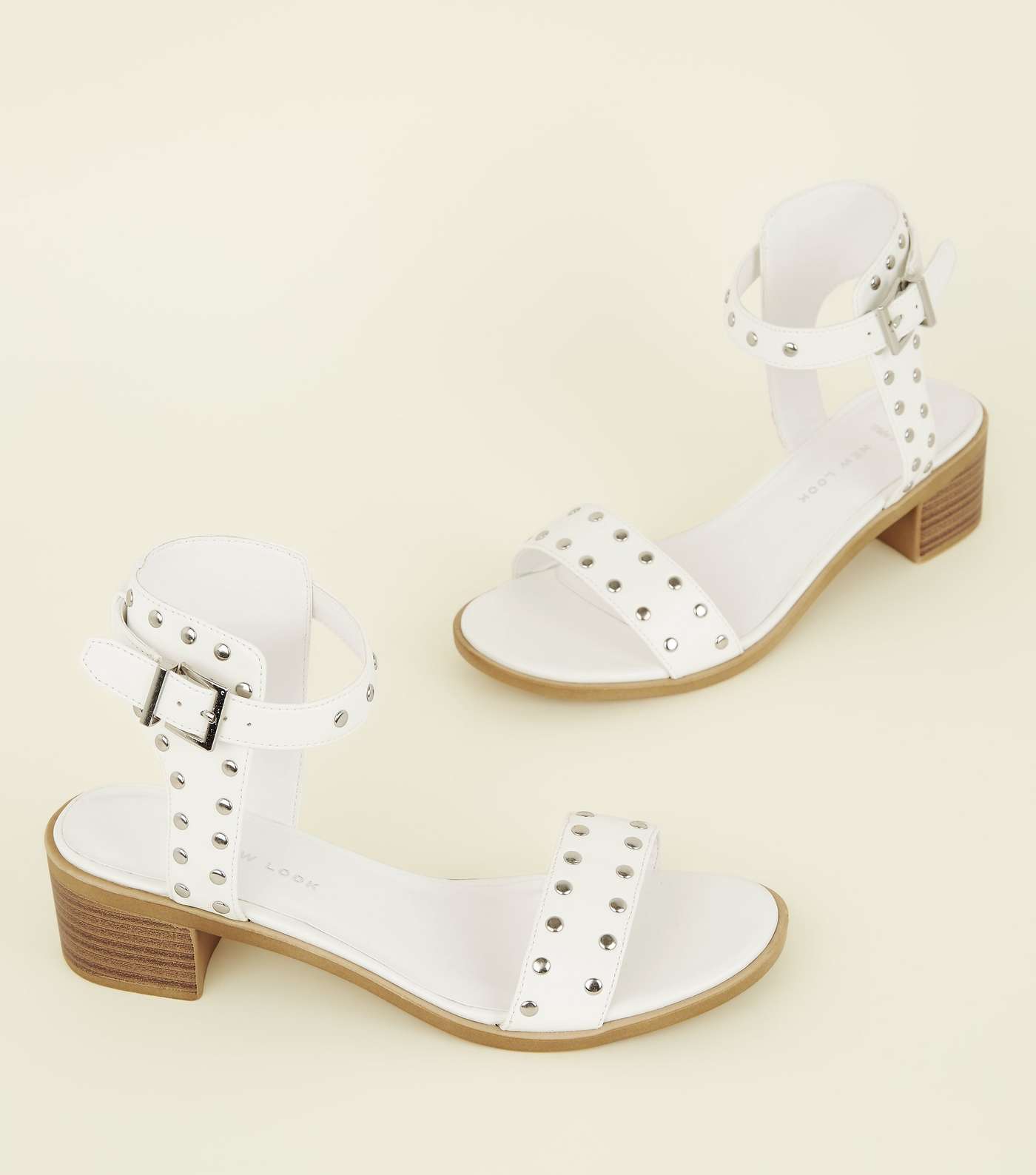 Wide Fit White Leather-Look Studded Sandals Image 3