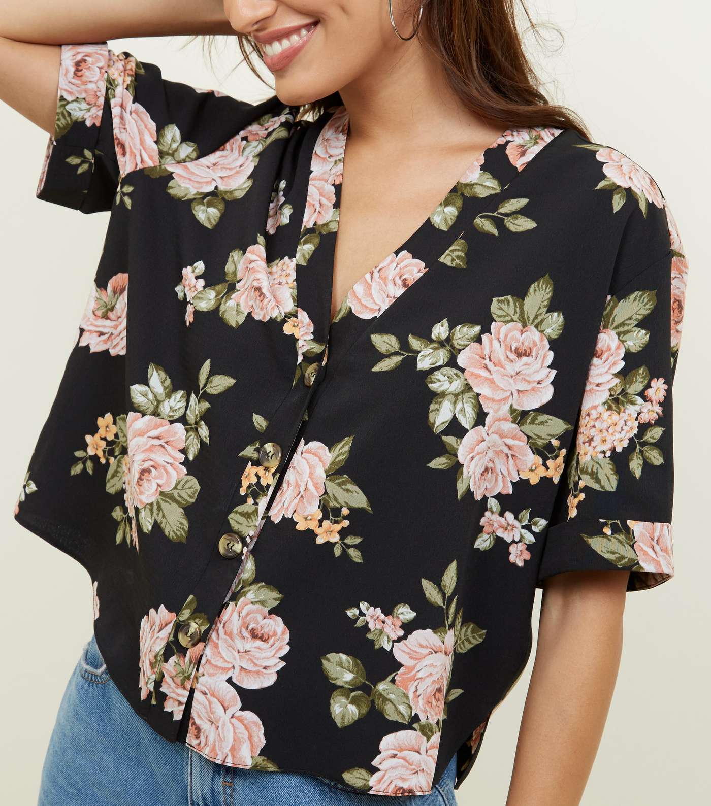 Black Floral Short Sleeve Boxy Shirt Image 5