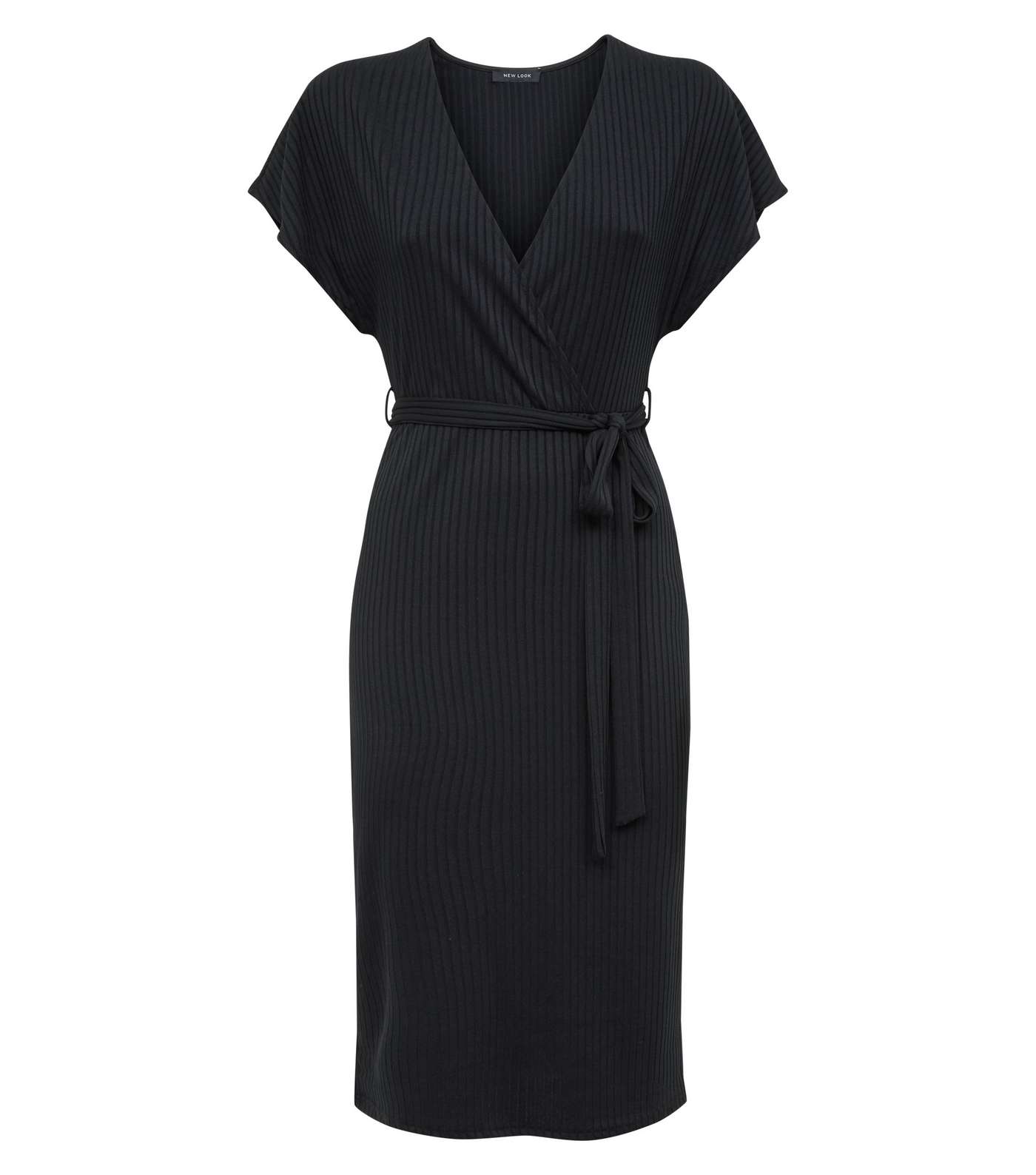 Black Ribbed Wrap Front Midi Dress Image 4