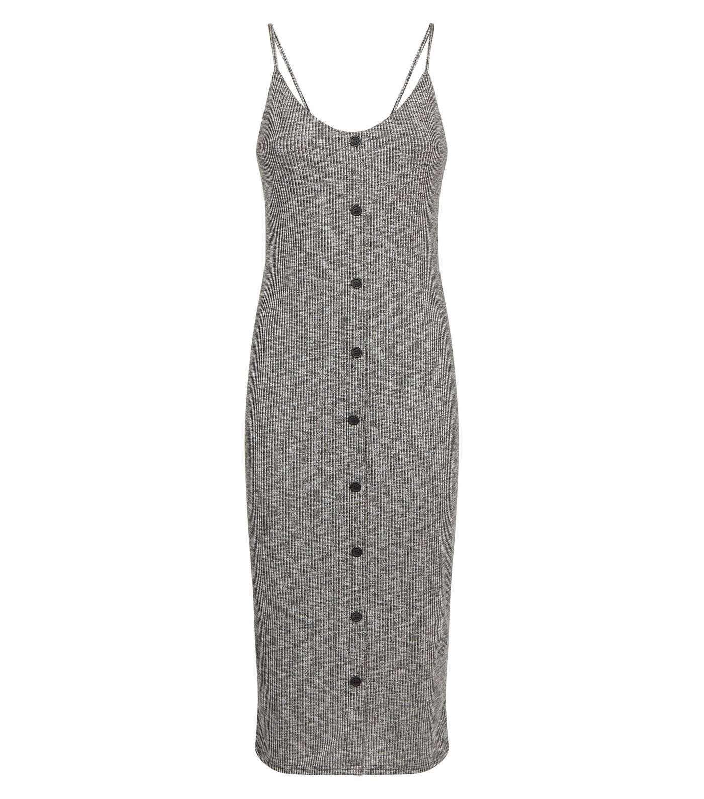 Grey Marl Ribbed Button Front Midi Dress Image 3