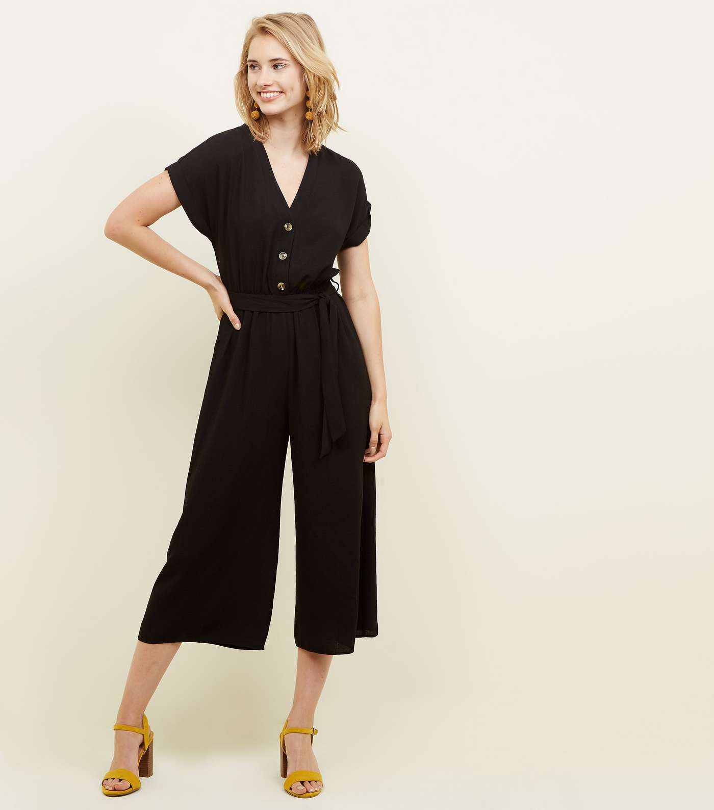 Black Linen-Look Button Up Culotte Jumpsuit