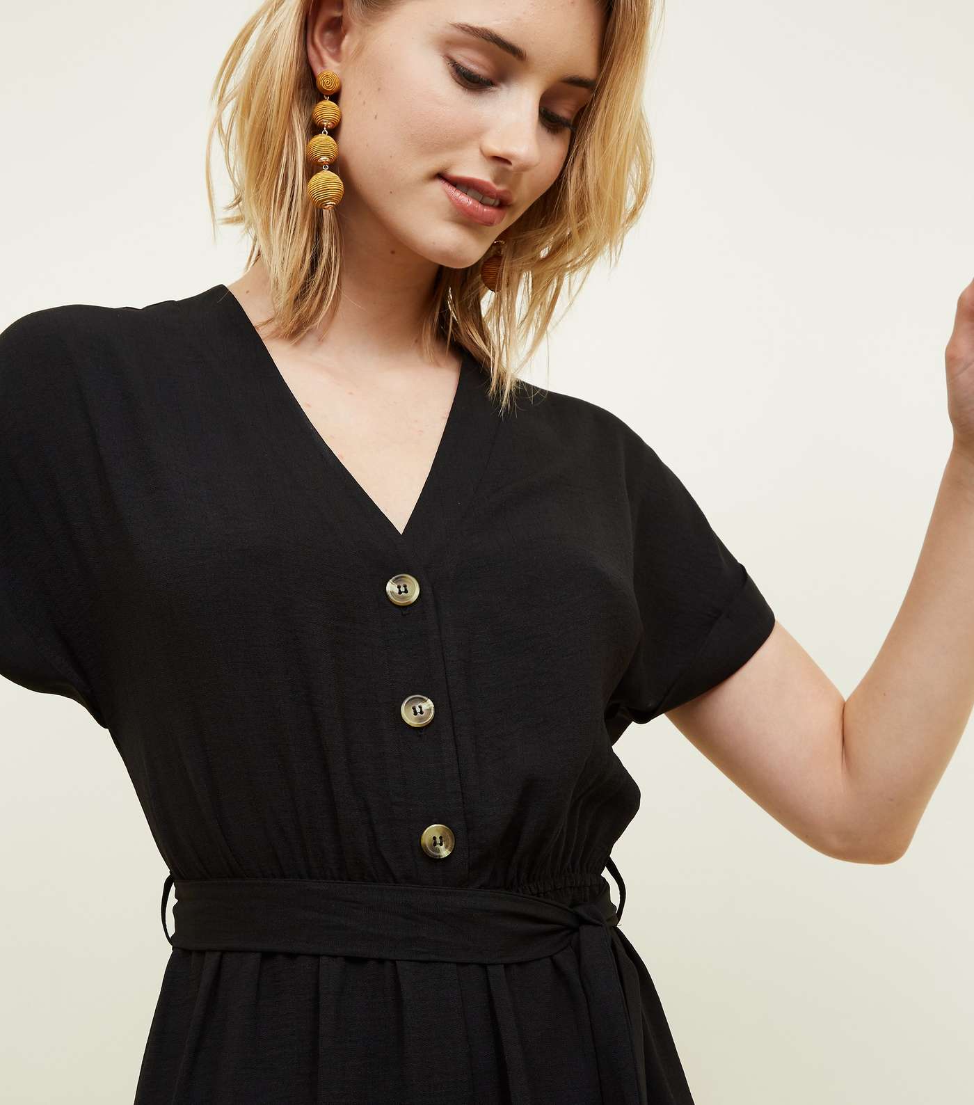 Black Linen-Look Button Up Culotte Jumpsuit Image 5