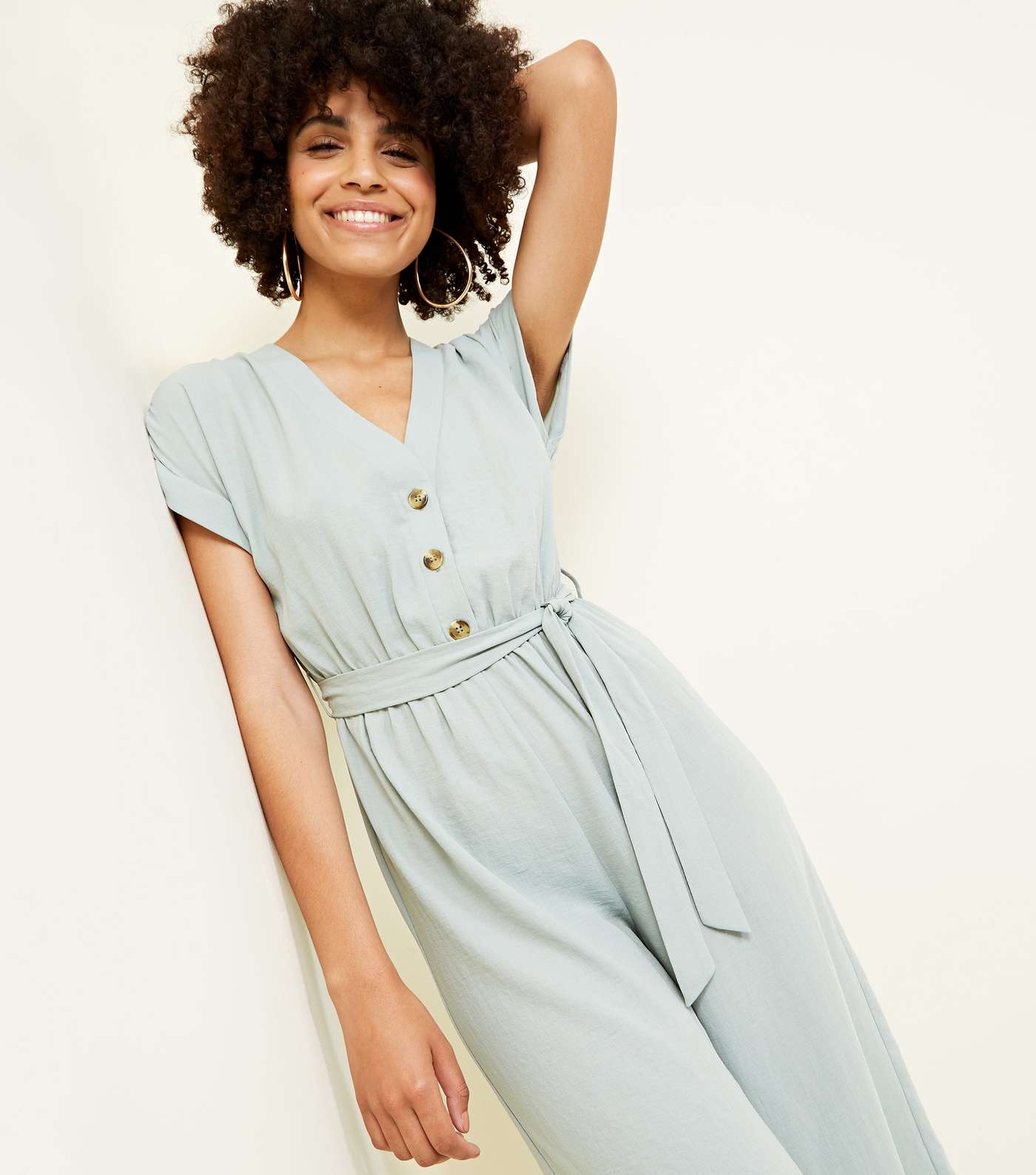 Light Green Linen-Look Button Up Culotte Jumpsuit Image 4