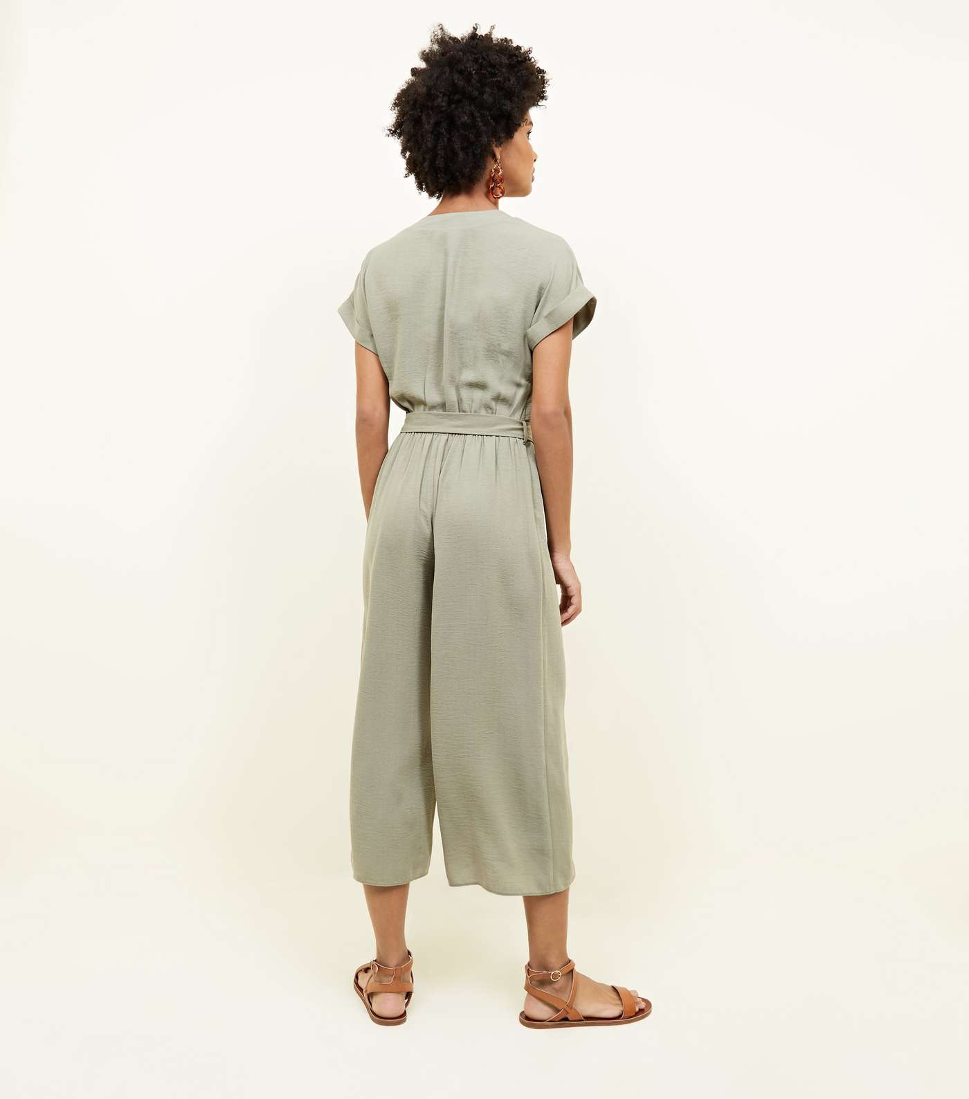 Khaki Linen-Look Button Up Culotte Jumpsuit Image 2