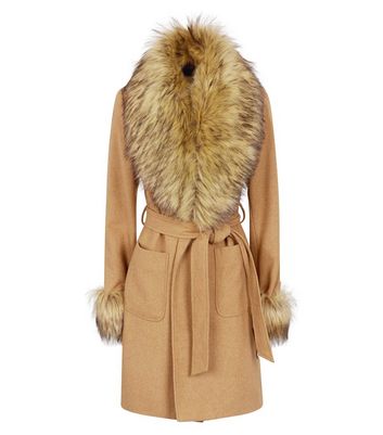 camel detachable faux fur trim coat