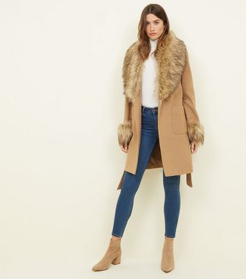 camel faux fur trim coat