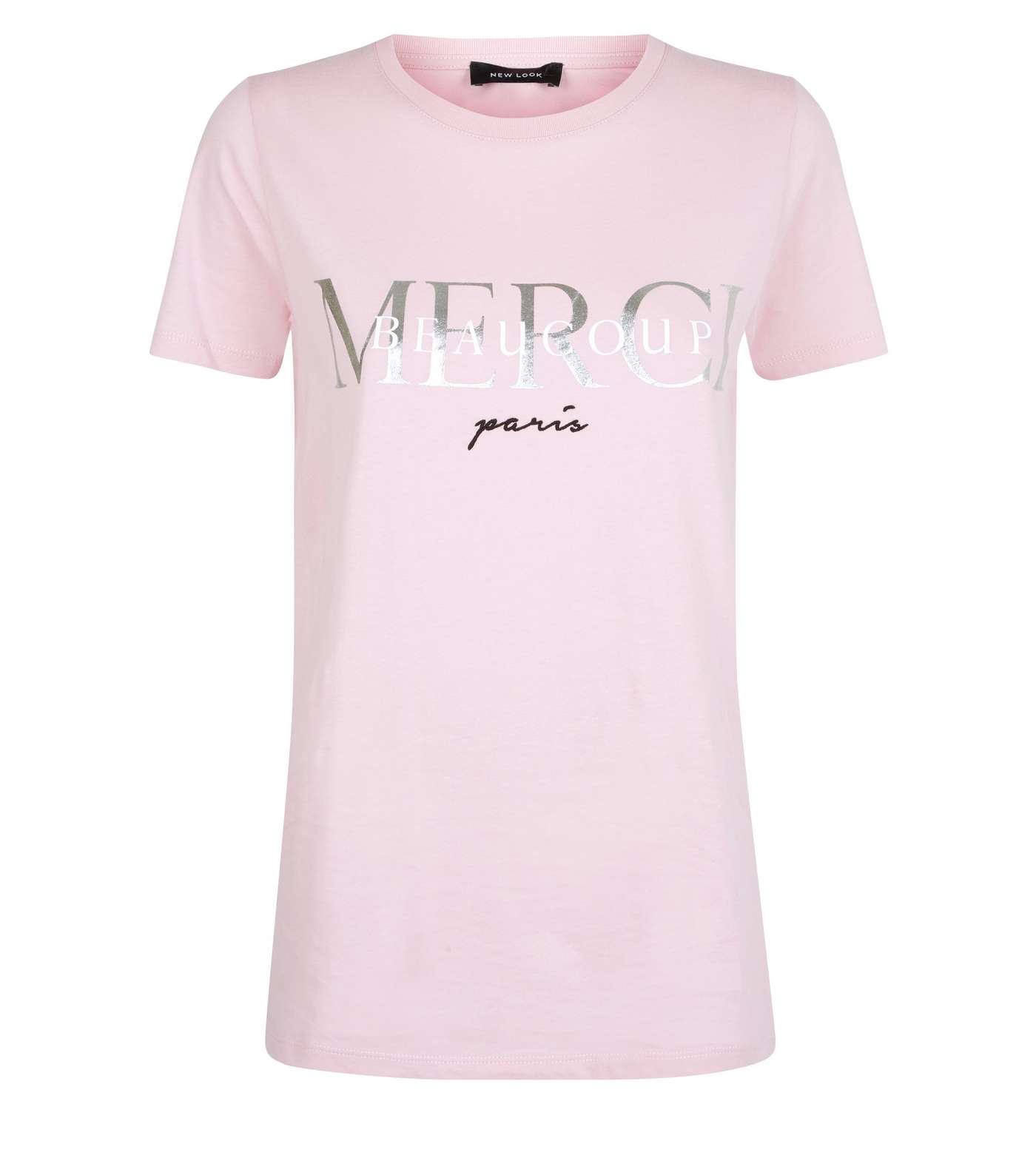 Pink Merci Beaucoup Metallic Slogan T-Shirt Image 4