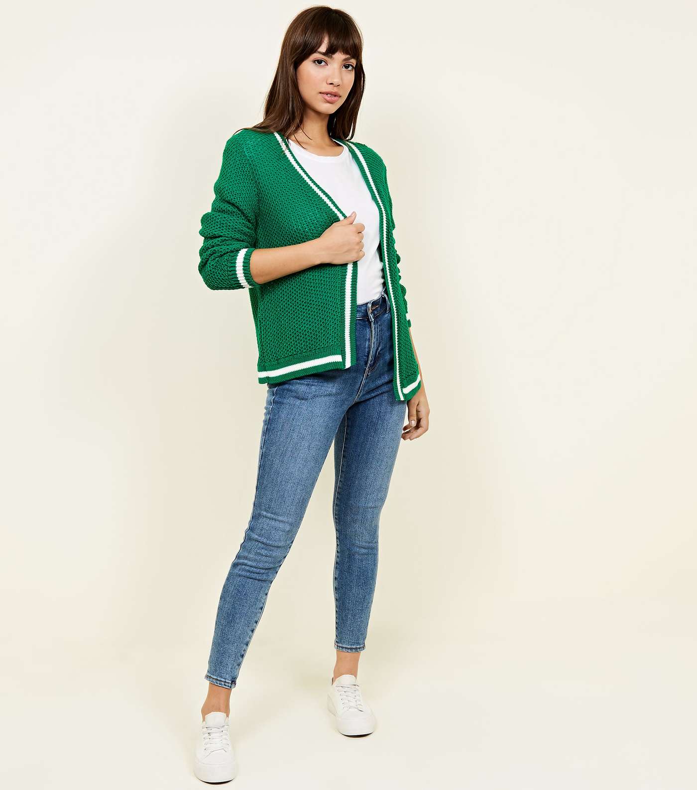 Green Contrast Stripe Knitted Cardigan Image 2