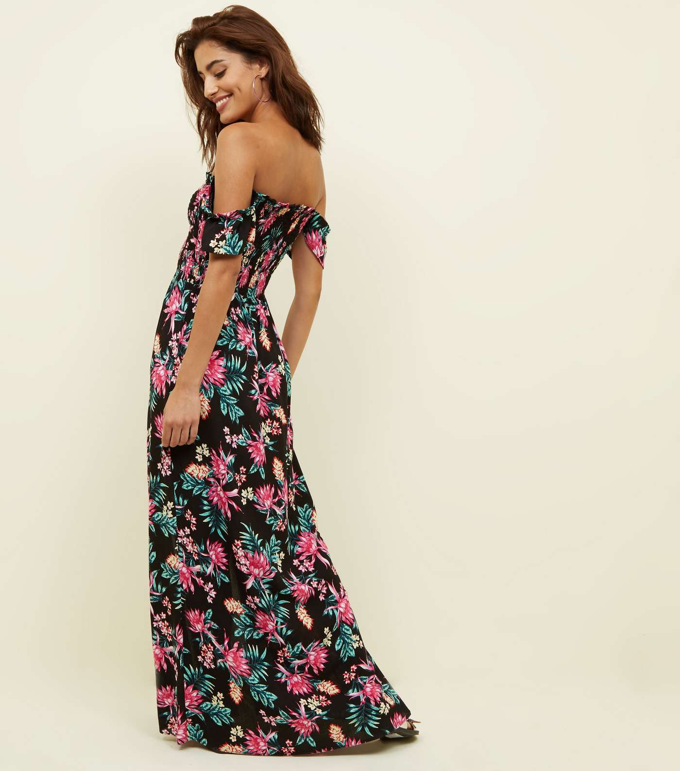 Black Tropical Floral Bardot Maxi Beach Dress Image 2