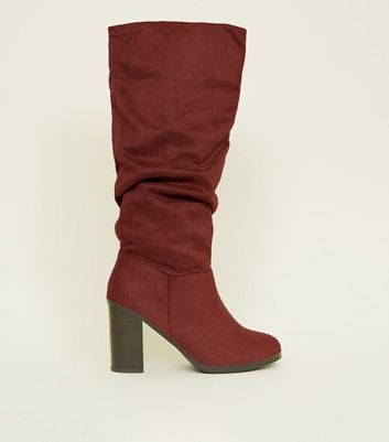 red leather block heel boots