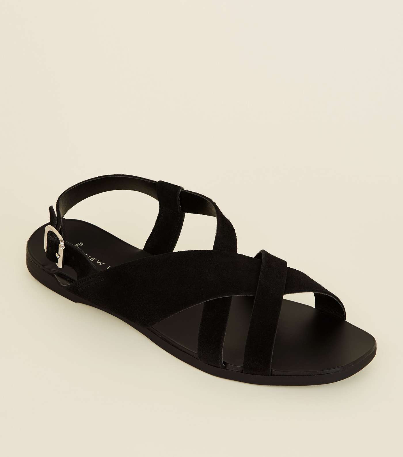 Wide Fit Black Suede Cross Strap Flat Sandals