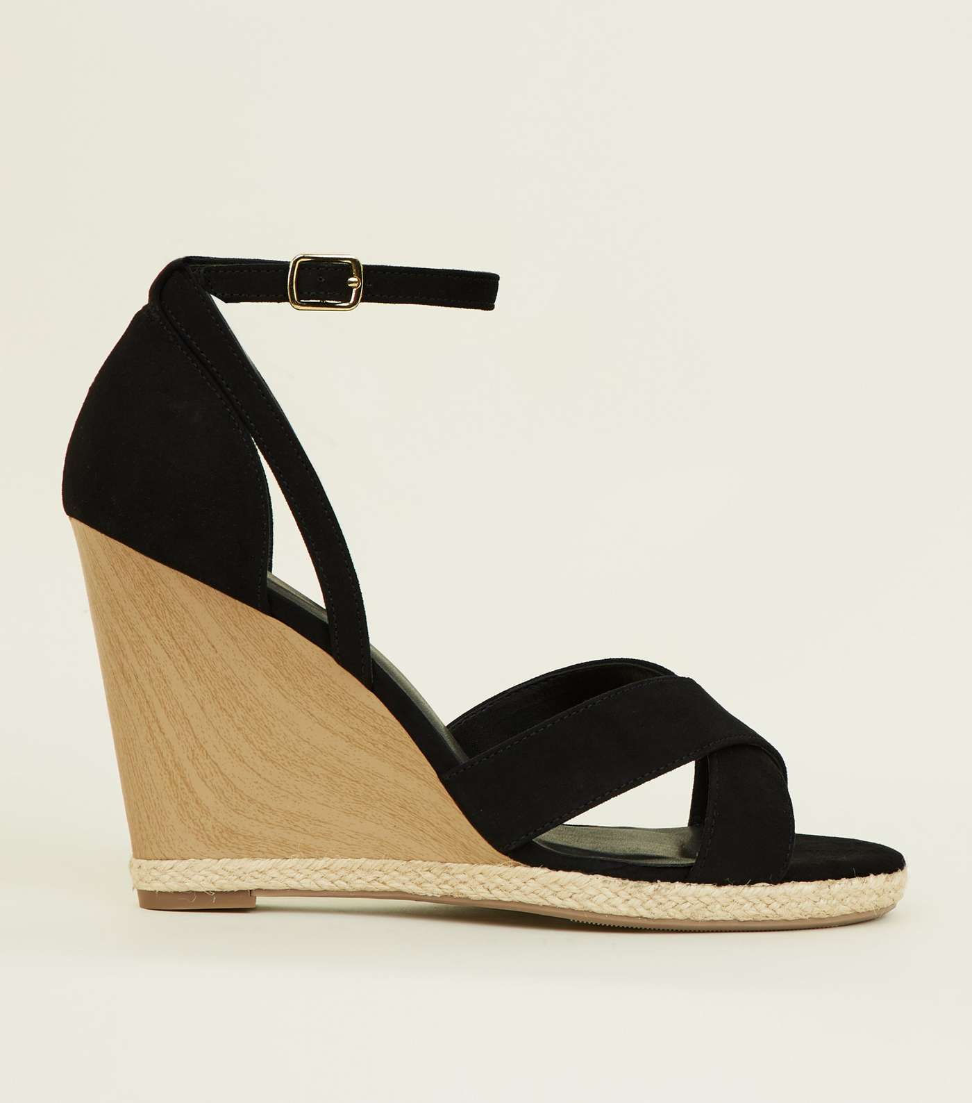 Black Suedette Wooden Wedge Sandals 