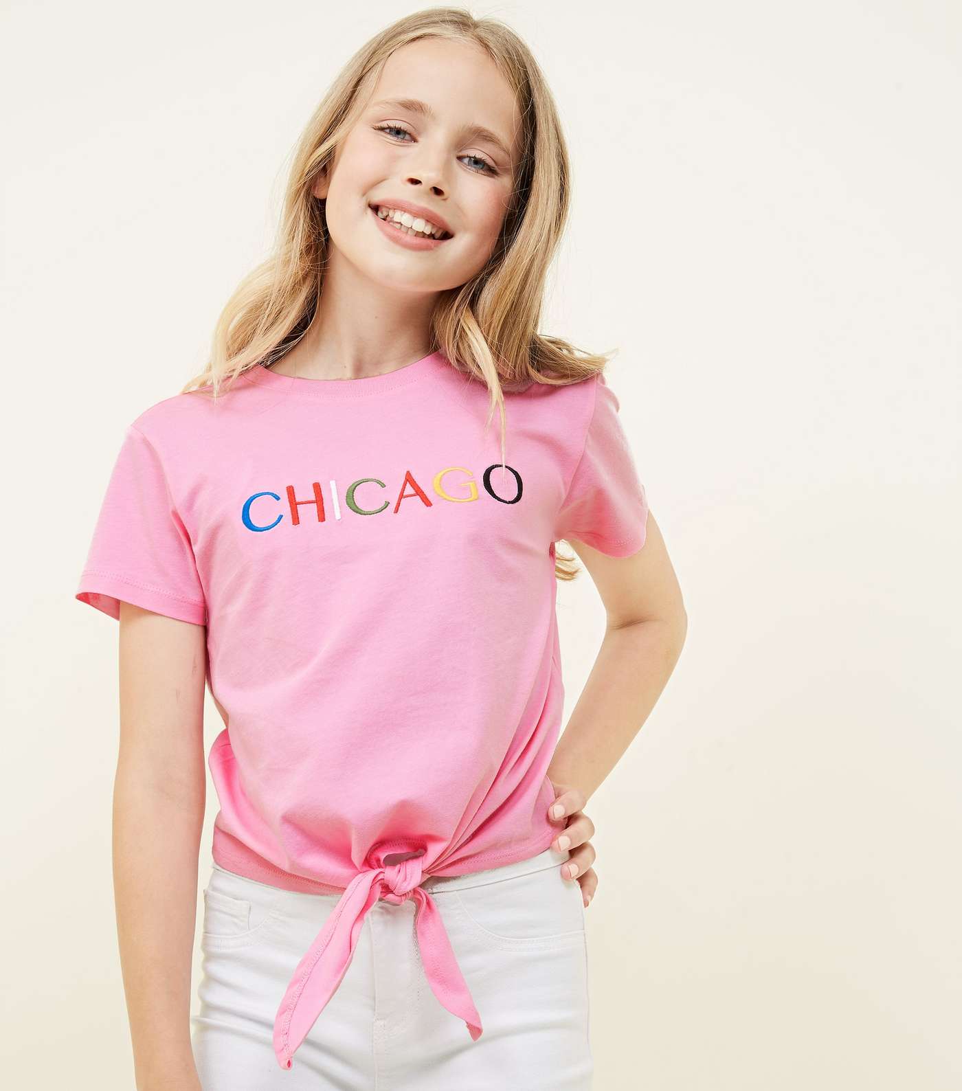 Girls Pink Chicago Embroidered Tie Front T-Shirt